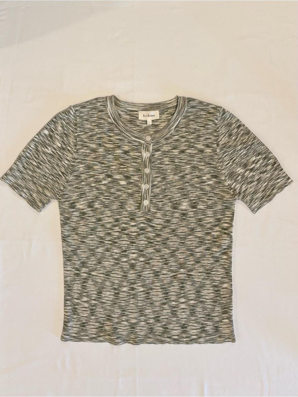bohme Olive Green & Cream Space Dye Fine-Rib Sweater Henley Top Size Large
